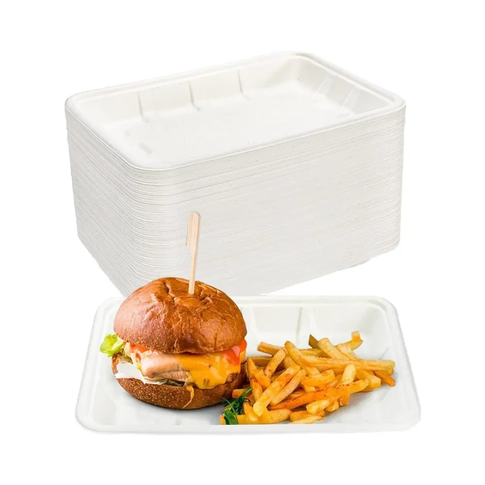 9 Inch White Rectangle  Disposable Food  Chip Trays Degradable Bagasse Paper Dishes for Wedding Party & Camping