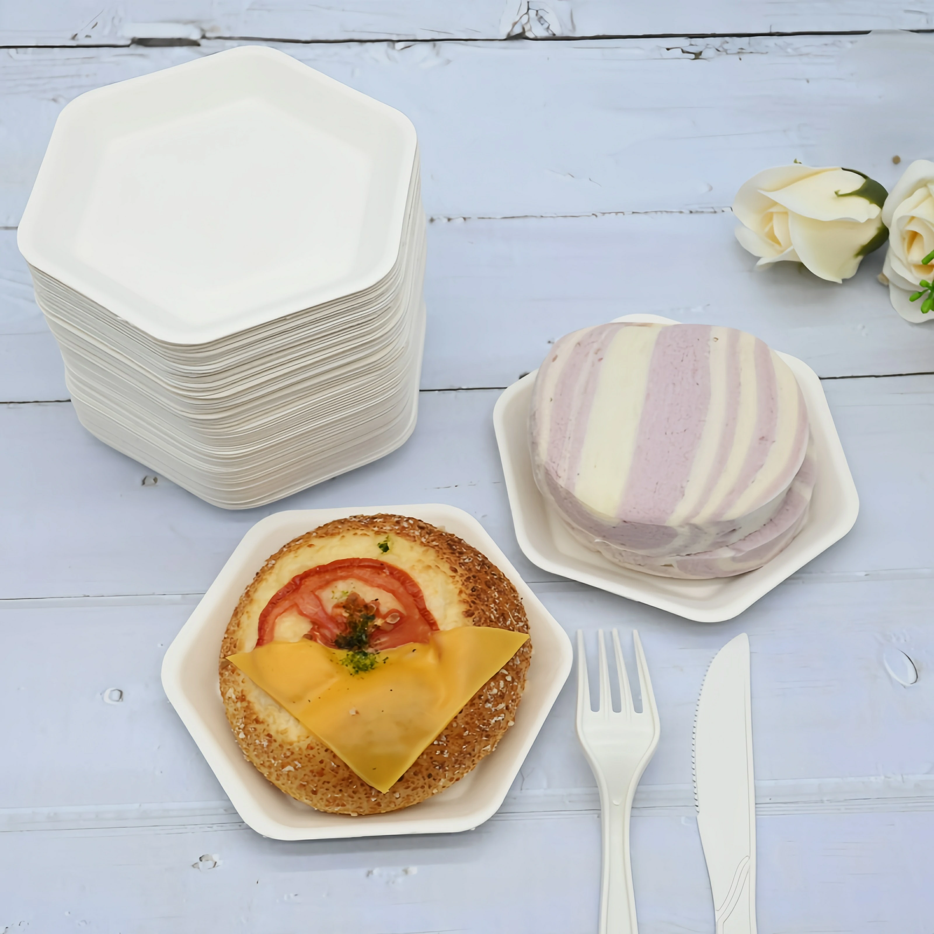 Hexagon Compostable Sugarcane Bagasse Dish Disposable Cake Serving Tray