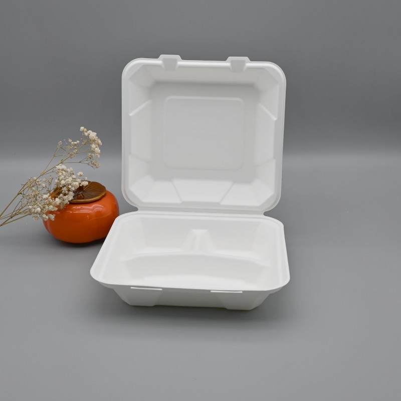 Biodegradable Single 8＂ Bagasse Clamshell Disposable Lunch Box for Food Service Containers