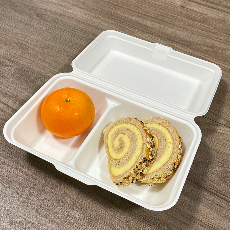 1000ML 2-COMP CLAMSHELL BIODEGRADABLE FOOD CONTAINER BAGASSE TABLEWARE