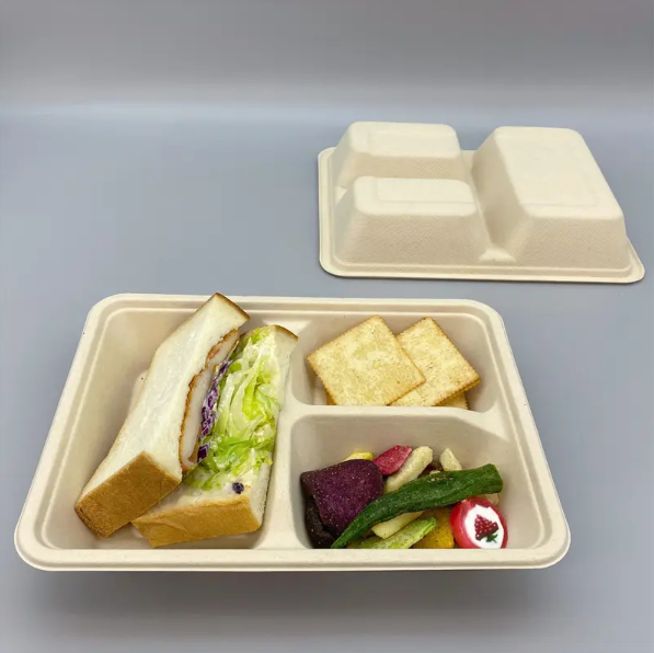 BIODEGRADABLE TAKEOUT SUGARCANE BAGASSE FOOD CONTAINER 3-COMPARTMENT