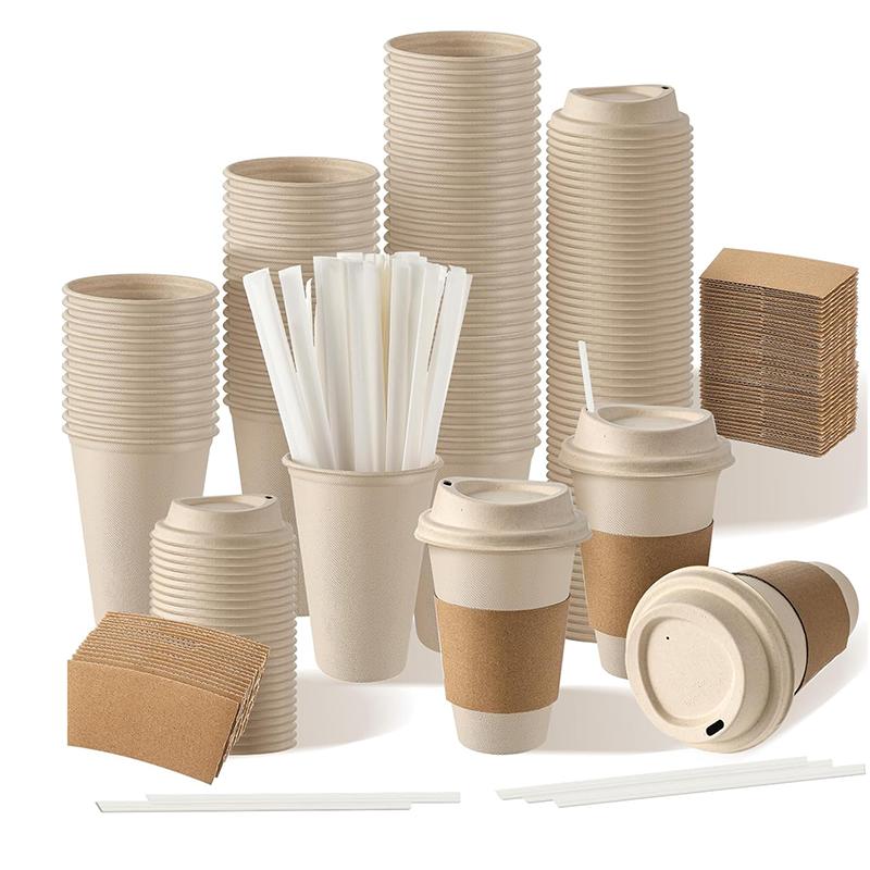 Compostable Paper Cups with Lids Sleeves and Straws 16 oz Disposable Bagasse Cups for Coffee Hot Cold Beverage Drinking Water Juice Coffee Tea Cafes