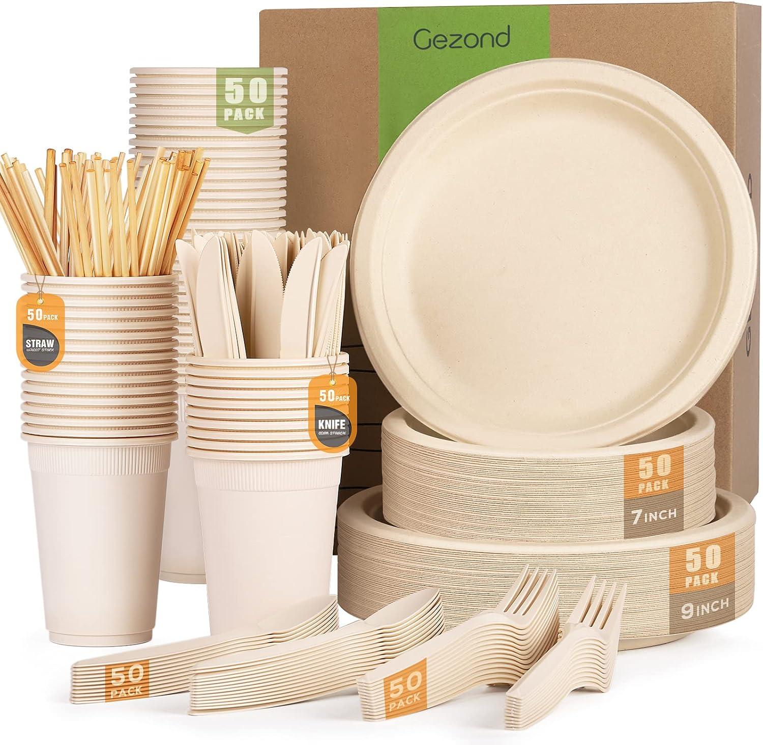 Compostable Paper Plates Set Eco-friendly Heavy-duty Disposable Paper Plates Cutlery Includes Eco-friendly Plate, Forks, Knives, Spoons, Cups 