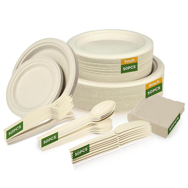 Biodegradable Paper Plates Set Compostable Plates with Cutlery Eco-Friendly Disposable Tableware made from Sugarcane,suitable for Parties,Picnics,Birthday Parties