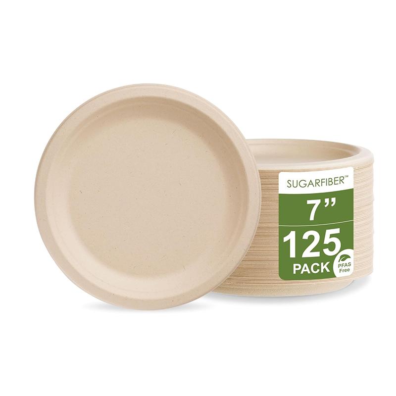 Harvest Pack PFAS Free 7-inch Round Disposable Compostable Paper Plates, Small Biodegradable Heavy-Duty Natural Bagasse Plate, Made From Eco-Friendly
