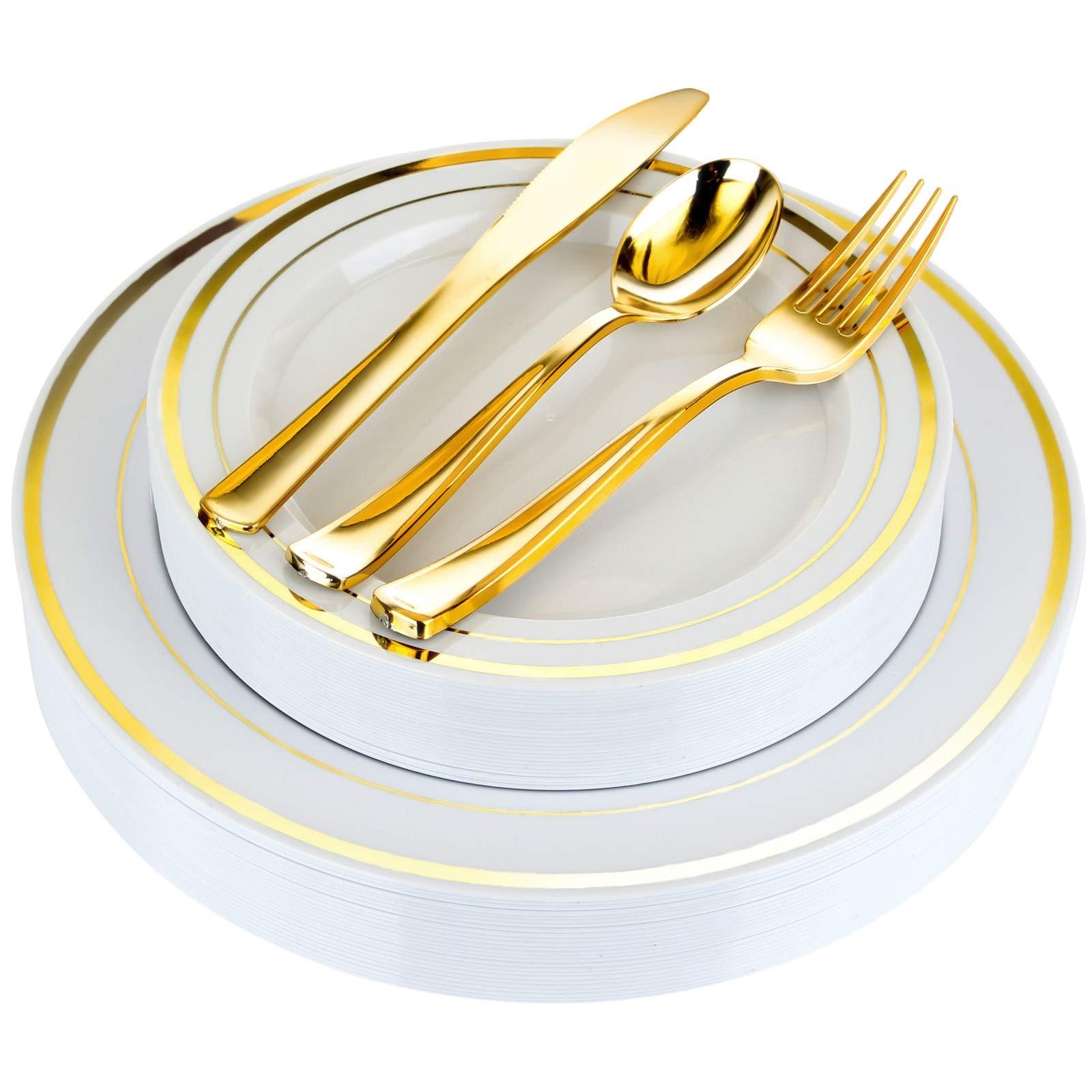 OPULENT Disposal Dinnerware Set, White and Gold Fancy Plastic Plates Disposable with Silverware, Elegant Dinnerware for Weddings, Holiday Party China